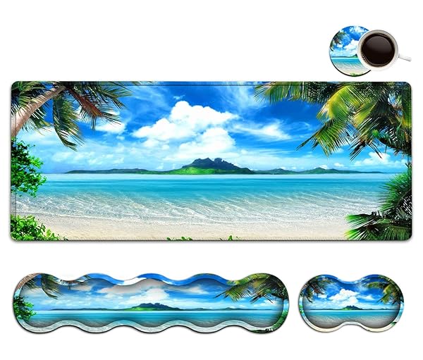 Large Mouse Pad and Ergonomic Wrist Rest Set with Coconut Trees Beach Design for Home Office and Gaming