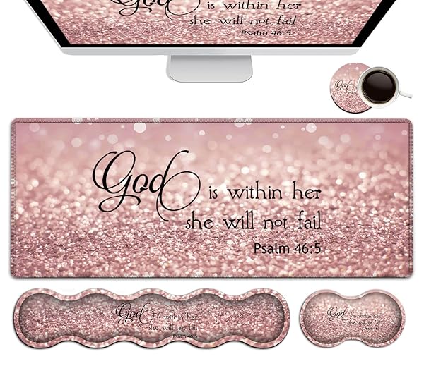 Large Mouse Pad, Desk Mat, Keyboard Pad+ Ergonomic Keyboard Wrist Rest Set,Extended Laptop Protector Writing Mat for Home Office Desktop, Psalm 46:5