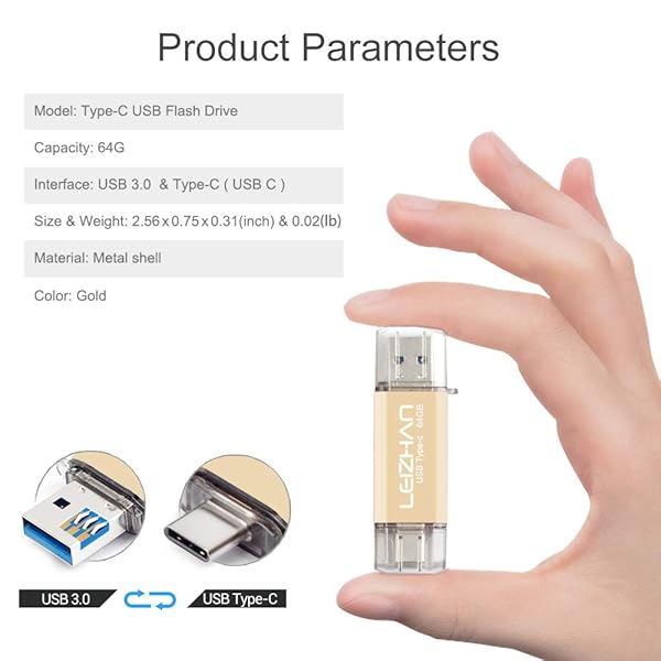 Leizhan 64GB USB Flash Drive 2 in 1 Type-C USB Memory Stick with Adapters for Most Devices Gold - Image 5