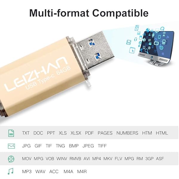 Leizhan 64GB USB Flash Drive 2 in 1 Type-C USB Memory Stick with Adapters for Most Devices Gold - Image 8