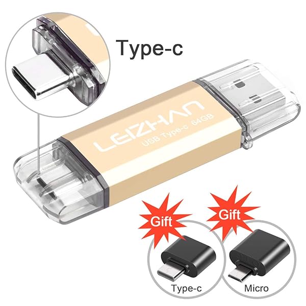 Leizhan 64GB USB Flash Drive 2 in 1 Type-C USB Memory Stick with Adapters for Most Devices Gold