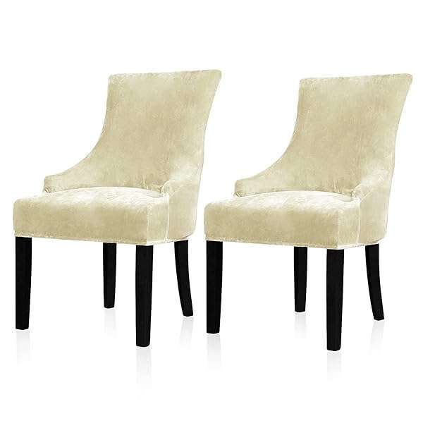 Lellen Reusable Velvet Wingback Chair Covers - Set of 2 Cream Slipcovers for Dining Room & Home Decor, Machine Washable