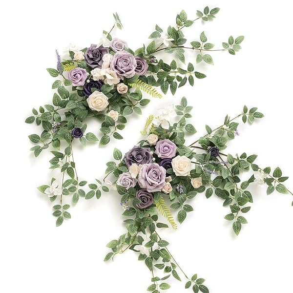 Ling's moment 2PCS Artificial Floral Swags Centerpieces Wedding Flower Purple Rose Garland Greenery Arrangements for Sweetheart Head Table Decor Car