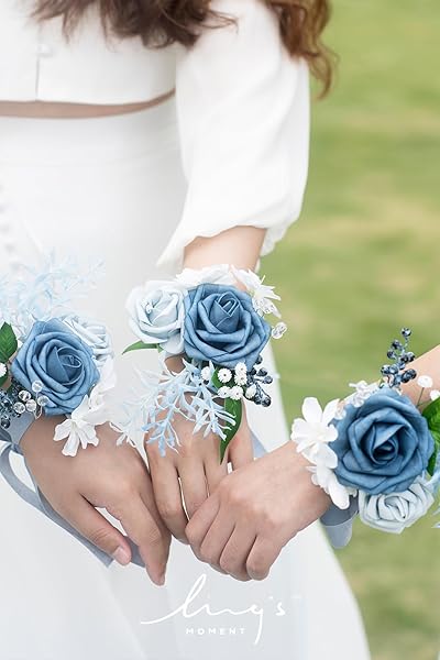 Ling's Moment 6pcs Wedding Wrist Corsage Artificial Flowers Dusty Blue Light Blue for Girls and Mothers Homecoming Prom Decor - Image 3
