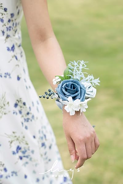 Ling's Moment 6pcs Wedding Wrist Corsage Artificial Flowers Dusty Blue Light Blue for Girls and Mothers Homecoming Prom Decor - Image 4