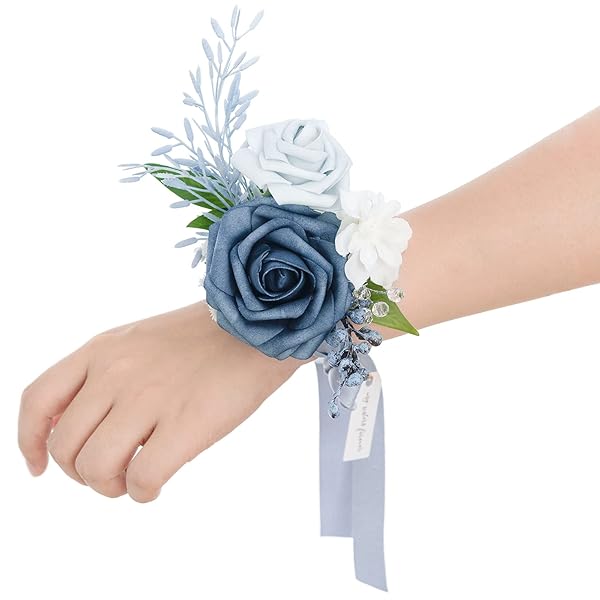 Ling's Moment 6pcs Wedding Wrist Corsage Artificial Flowers Dusty Blue Light Blue for Girls and Mothers Homecoming Prom Decor