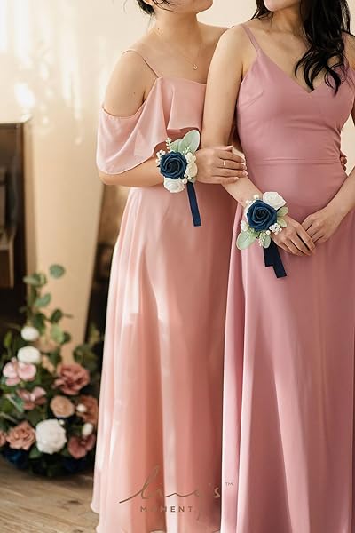 Ling's Moment 6pcs Navy Blue Wedding Wrist Corsage Artificial Flowers for Girls and Mothers Homecoming Prom Decor - Image 3