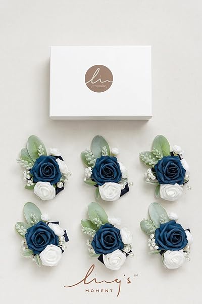 Ling's Moment 6pcs Navy Blue Wedding Wrist Corsage Artificial Flowers for Girls and Mothers Homecoming Prom Decor - Image 7