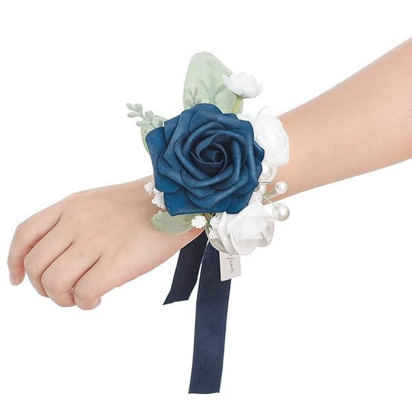 Ling's Moment 6pcs Navy Blue Wedding Wrist Corsage Artificial Flowers for Girls and Mothers Homecoming Prom Decor