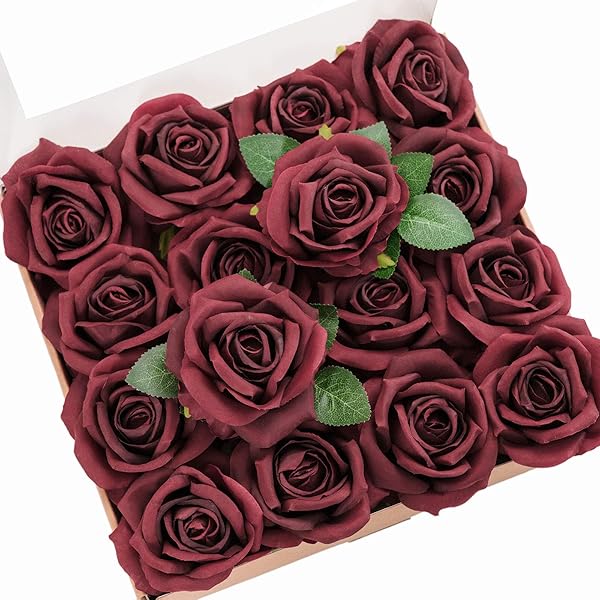 Ling's Moment 16pcs Burgundy Faux Silk Roses for DIY Wedding Bouquets Centerpieces Party Baby Shower Home Decoration
