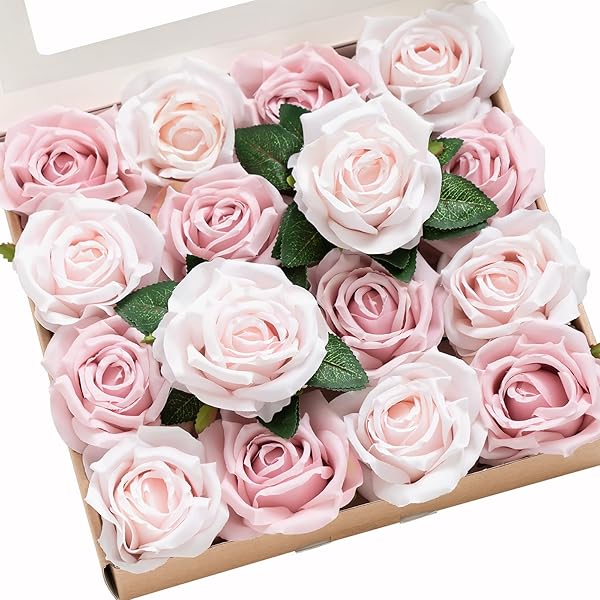 Ling's Moment 16pcs Blush Pink Silk Roses Real Look 3.5" Ombre Slate Pink Vendela Roses for DIY Wedding Bouquets Centerpieces Home Decor