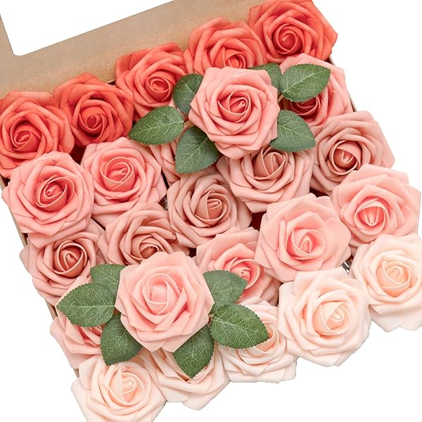 Ling's Moment 25Pcs Coral Roses Realistic Foam Flowers for Wedding Bouquets Centerpieces Outdoor Party Decor Room Table Garden Decorations