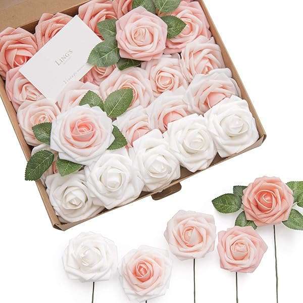 25Pcs Shimmer Peach Artificial Roses by Ling's Moment - Realistic Foam Flowers for Weddings, Parties & Home Decor - Image 2