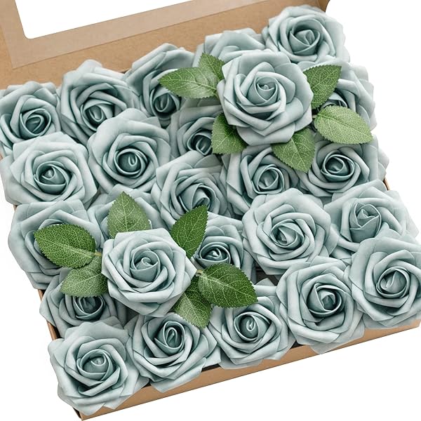 Ling's Moment 25Pcs Dusty Blue Roses Artificial Flowers Real Touch Foam for Wedding Bouquets Centerpieces and Home Decor