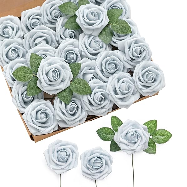 Ling's Moment 25Pcs Powder Blue Roses Artificial Flowers Real Touch Foam for Wedding Bouquets Centerpieces and Home Decor