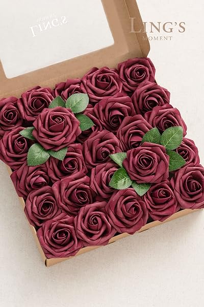 Ling's Moment 50Pcs Burgundy Roses Artificial Flowers Real Touch Foam for Wedding Bouquets Centerpieces and Home Decor - Image 8