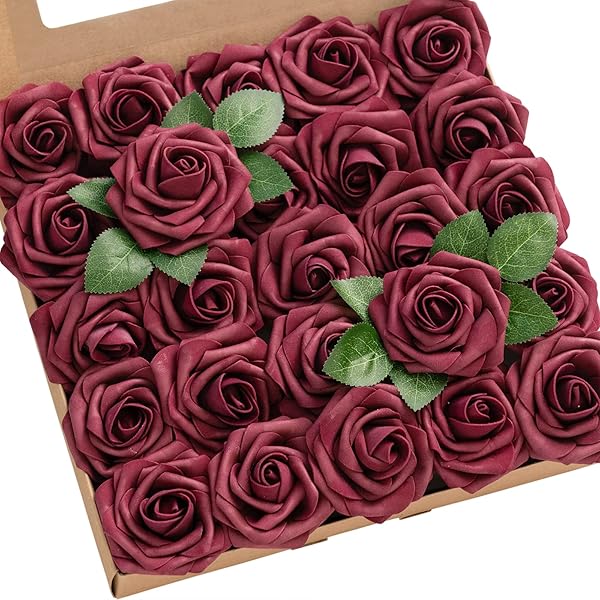 Ling's Moment 50Pcs Burgundy Roses Artificial Flowers Real Touch Foam for Wedding Bouquets Centerpieces and Home Decor - Image 2