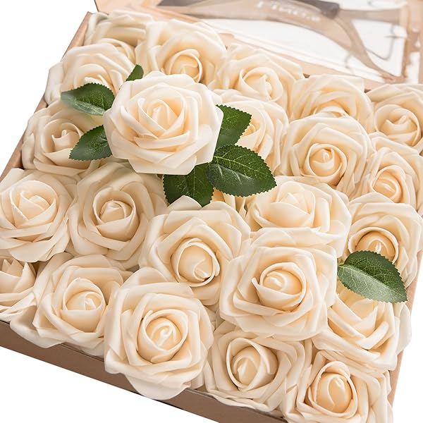 Ling's Moment 50Pcs Cream Roses Artificial Flowers Real Touch Foam for Wedding Bouquets Centerpieces Party Decor and Garden Decorations - Image 2