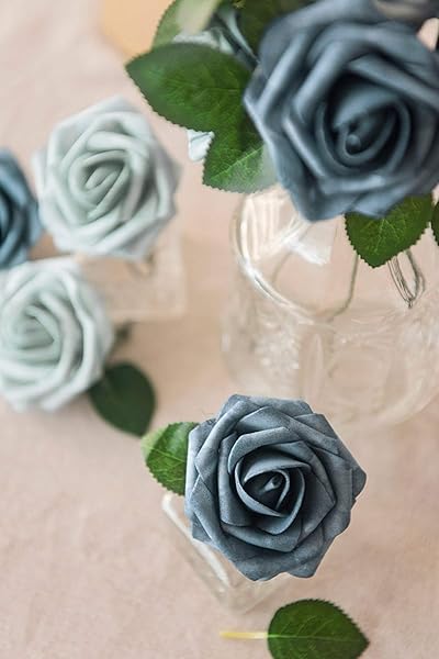 Ling's Moment 50Pcs Dusty Blue Navy Roses Real Touch Foam Flowers for Wedding Bouquets Centerpieces and Home Decor - Image 4