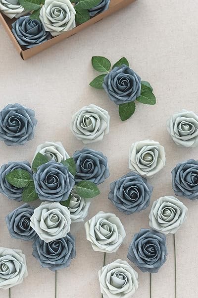 Ling's Moment 50Pcs Dusty Blue Navy Roses Real Touch Foam Flowers for Wedding Bouquets Centerpieces and Home Decor - Image 8