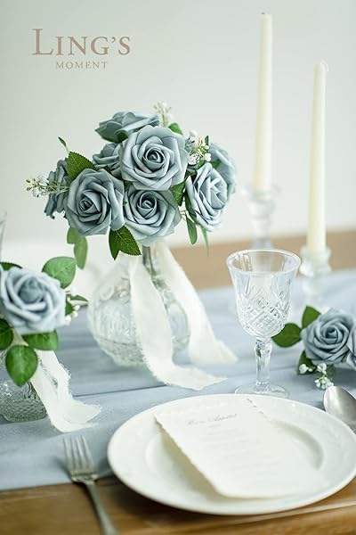 Ling's Moment 50Pcs Dusty Blue Roses Real Touch Foam Flowers for Wedding Bouquets Centerpieces and Home Decor - Image 3