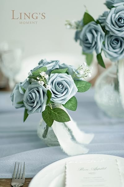 Ling's Moment 50Pcs Dusty Blue Roses Real Touch Foam Flowers for Wedding Bouquets Centerpieces and Home Decor - Image 4