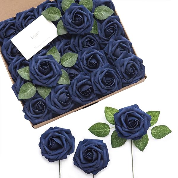Ling's Moment 50Pcs Navy Blue Artificial Roses Real Touch Foam Flowers for Wedding Decor Centerpieces and Party Backdrop