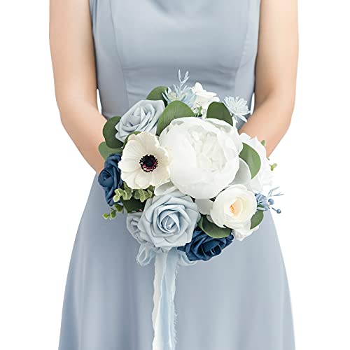 Ling's Moment Dusty Blue Bridesmaid Bouquet 7 Inch Artificial Flowers for Weddings and Anniversaries