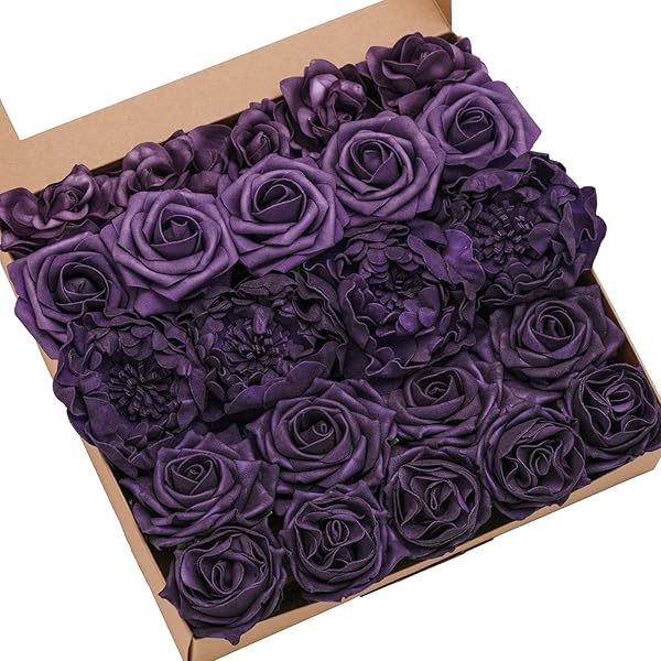 Ling's Moment Artificial Flowers Combo 23pcs Purple Fake Roses Faux Peony Foam for DIY Wedding Bouquets Centerpieces Home Decorations