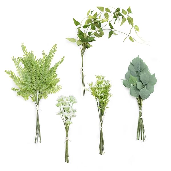 Ling's Moment 71pcs Artificial Greenery Stems Box Set for DIY Bridal Bouquets Wedding Floral Arrangements Light Green and White