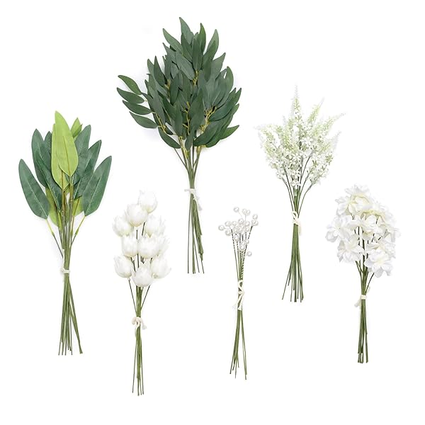 Ling's Moment 86pcs Artificial Greenery Stems Box Set for DIY Bridal Bouquets Wedding Floral Arrangements and Table Centerpieces Green White