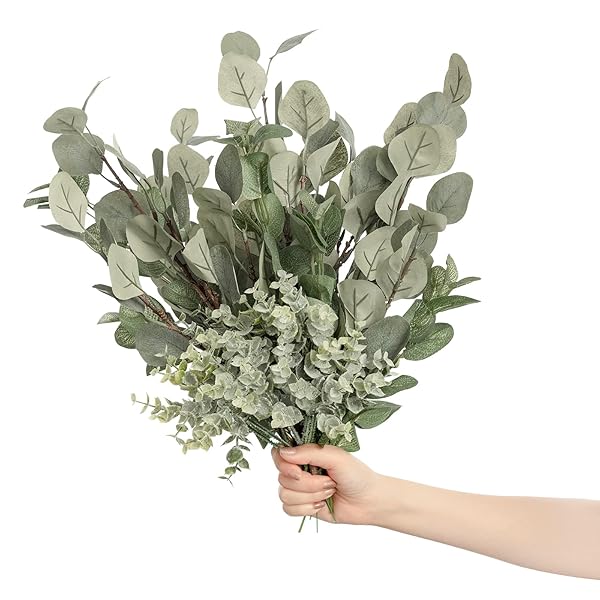 Ling's Moment 18Pcs Eucalyptus Leaves Branches Bouquets 17.5Tall Hanging Fake Greenery Decor for Wedding Table Centerpieces and Office