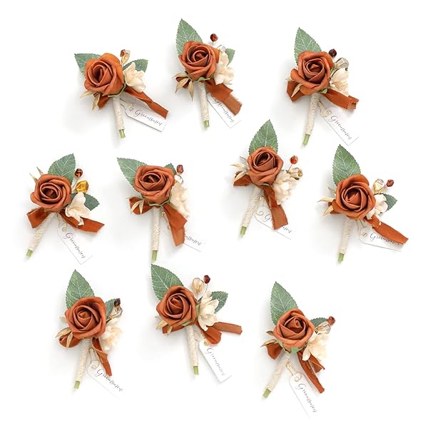 Ling's Moment 10pcs Groomsmen Boutonniere Artificial Flowers Fall Terracotta Orange for Wedding Decor Prom Homecoming