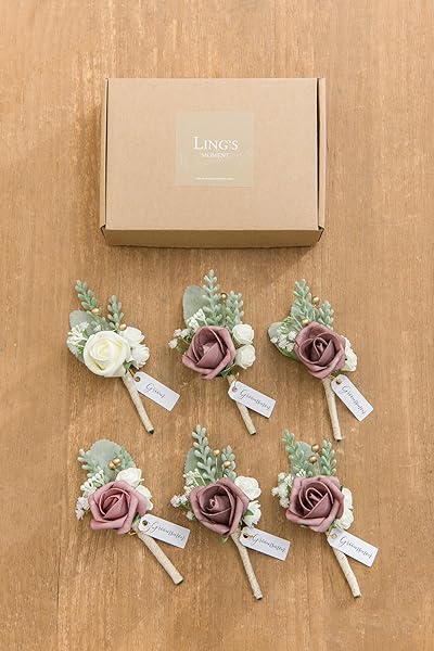 Ling's Moment Pink Dusty Rose Boutonniere Set for Men 6pcs Artificial Flowers for Wedding Decor Prom Homecoming - Image 5
