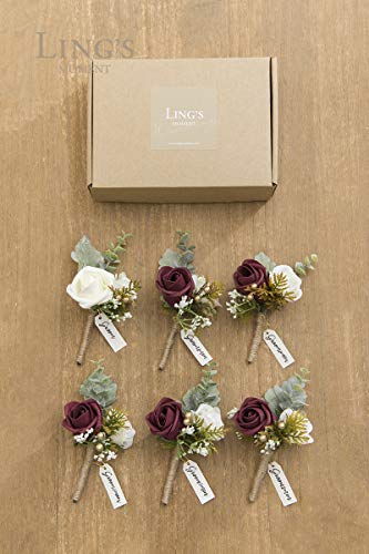 Ling's Moment 6pcs Men's Boutonniere Burgundy White Artificial Flowers for Wedding Decor Prom Homecoming - Image 5