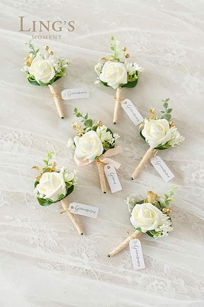 Ling's Moment 6pcs Men's Boutonniere Artificial Flowers for Wedding Decor Prom Homecoming White Baby Breath Ivory - Image 2