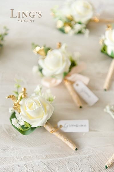 Ling's Moment 6pcs Men's Boutonniere Artificial Flowers for Wedding Decor Prom Homecoming White Baby Breath Ivory - Image 3