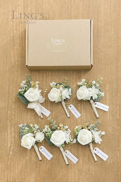 Ling's Moment 6pcs Men's Boutonniere Artificial Flowers for Wedding Decor Prom Homecoming White Baby Breath Ivory - Image 5