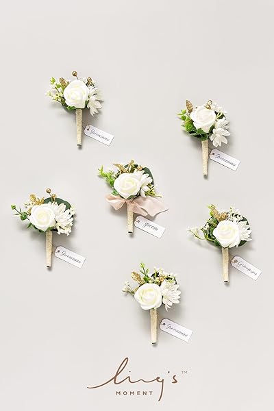 Ling's Moment 6pcs Men's Boutonniere Artificial Flowers for Wedding Decor Prom Homecoming White Baby Breath Ivory - Image 6