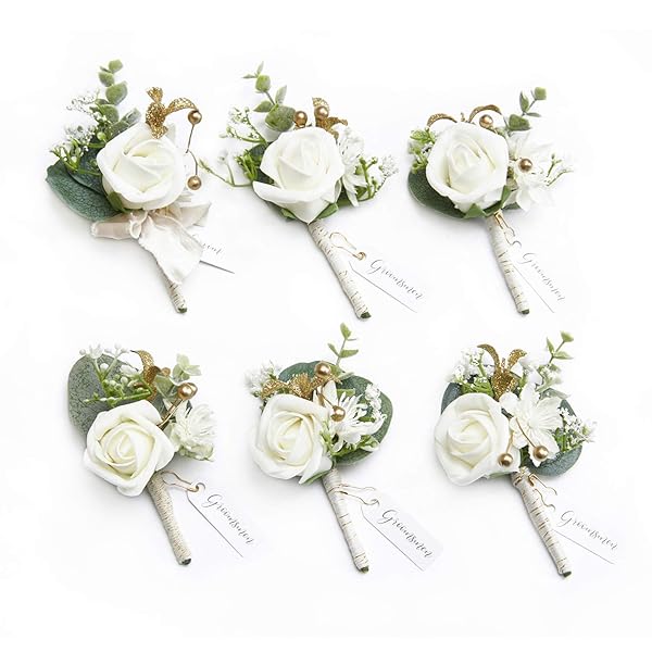 Ling's Moment 6pcs Men's Boutonniere Artificial Flowers for Wedding Decor Prom Homecoming White Baby Breath Ivory