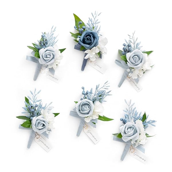 Ling's Moment 6pcs Men's Boutonniere Dusty Blue Artificial Flowers for Wedding Decor Prom Homecoming