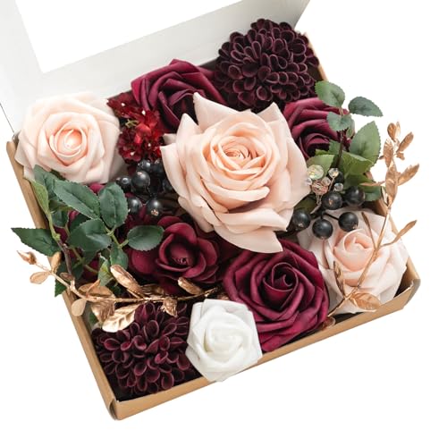 Ling's Moment Ling's moment Burgundy Artificial Flowers and Greenery Mini Combo Box Set, Marsala and Blush Fake Flower for DIY Wedding Bridal Bouquet, Centerpieces