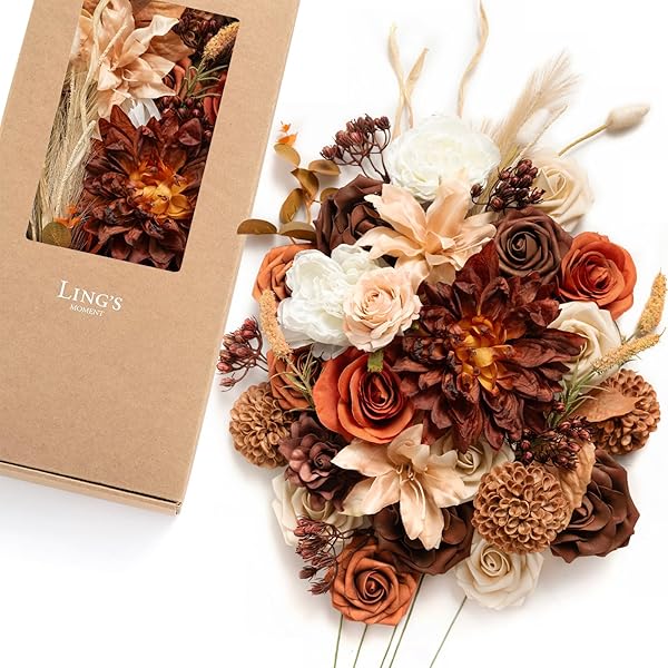 Ling's moment Burnt Orange Boho Deluxe Artificial Flowers and Greenery Combo Box Set, Rust Sepia Dried Fake Flower for DIY Wedding Bridal Bouquet,