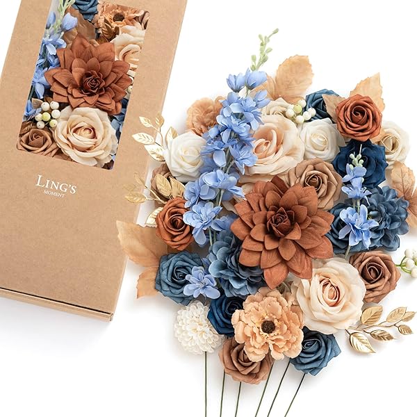 Ling's moment Burnt Orange and Navy Artificial Flowers and Greenery Deluxe Combo Box Set, Terracotta Fake Flower for DIY Wedding Bridal Bouquet,