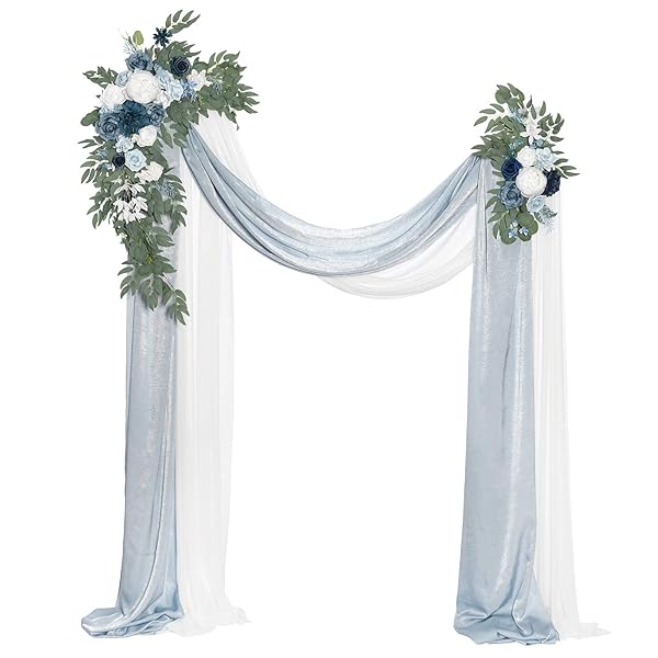Ling's Moment Dusty Blue Wedding Arch Flowers Kit Pack of 4 with Hanging Arrangements and Chiffon Drapes for Outdoor Beach Decor