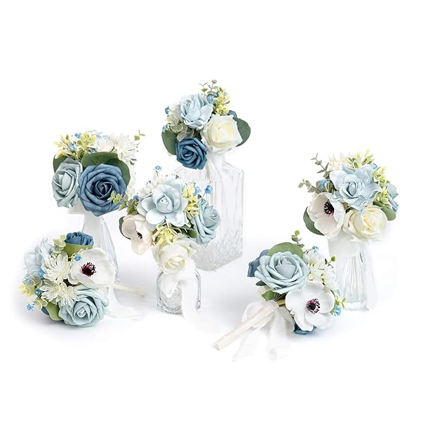Ling's Moment Dusty Blue Wedding Table Centerpieces Mini Bridesmaid Bouquets Set of 6 Light Blue Rose Floral Decor for Reception