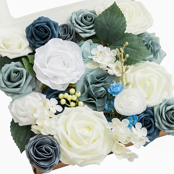 Ling's Moment Faux Flowers Box Dusty Blue Ivory Silk Roses Foam Greenery for Wedding Decor Centerpieces Floral Arrangements - Image 2