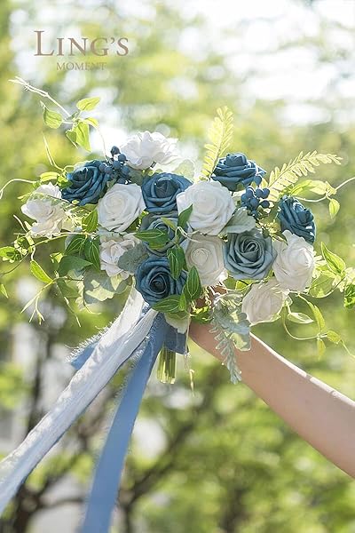 Ling's Moment Faux Flowers Box with Foam Roses and Silk Greenery for Wedding Decor Centerpieces in Dusty Blue Navy and White - Image 4