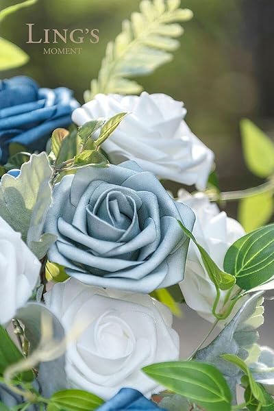 Ling's Moment Faux Flowers Box with Foam Roses and Silk Greenery for Wedding Decor Centerpieces in Dusty Blue Navy and White - Image 5