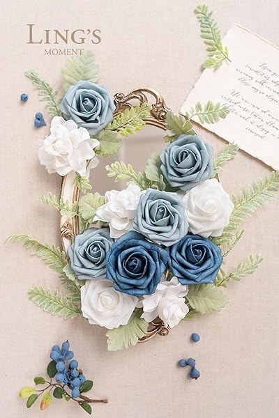 Ling's Moment Faux Flowers Box with Foam Roses and Silk Greenery for Wedding Decor Centerpieces in Dusty Blue Navy and White - Image 6